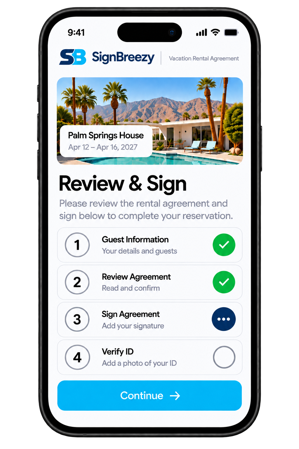 Phone showing a SignBreezy rental agreement ready to review and sign, with guest information, signature, and ID verification steps